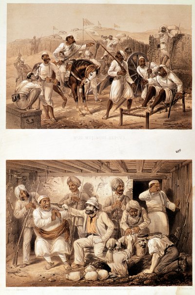Dos escenas del Motín Indio en 1857 que representan sepoys amotinados y un agente inglés extrayendo tesoros después de la ocupación de Delhi de George Francklin Atkinson